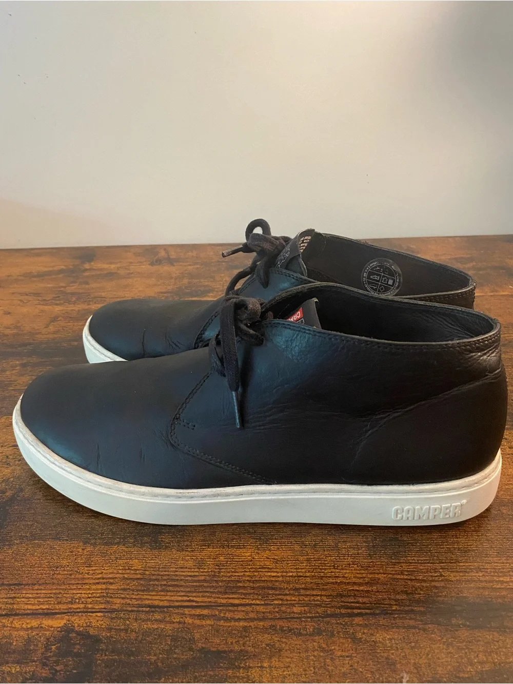 Camper Black Leather Chukka Boots with White Soles